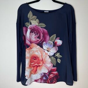 Chico's | Navy Large Rose Print Long Sleeve Top | Medium